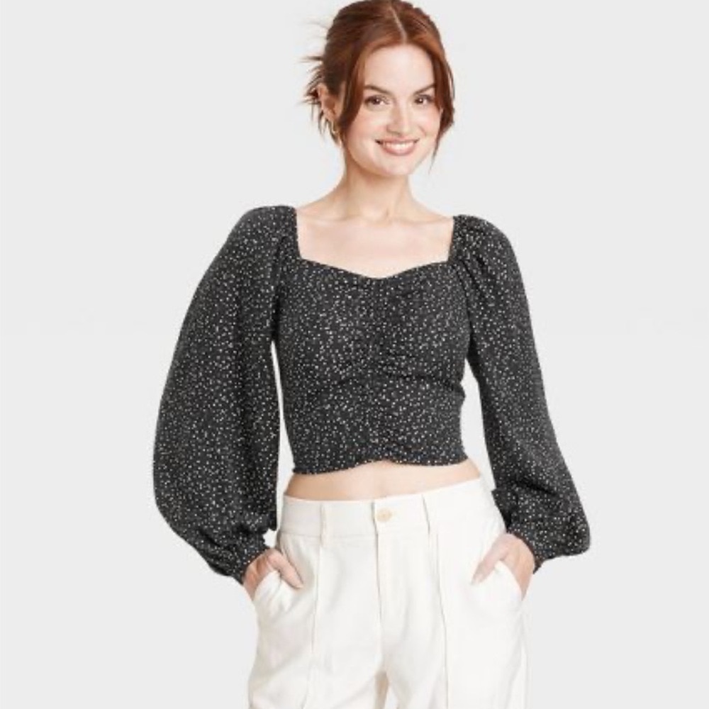 Long Balloon Sleeves Women’s Slim Fit Ruched Polka Dot Black Blouse A New Day XL